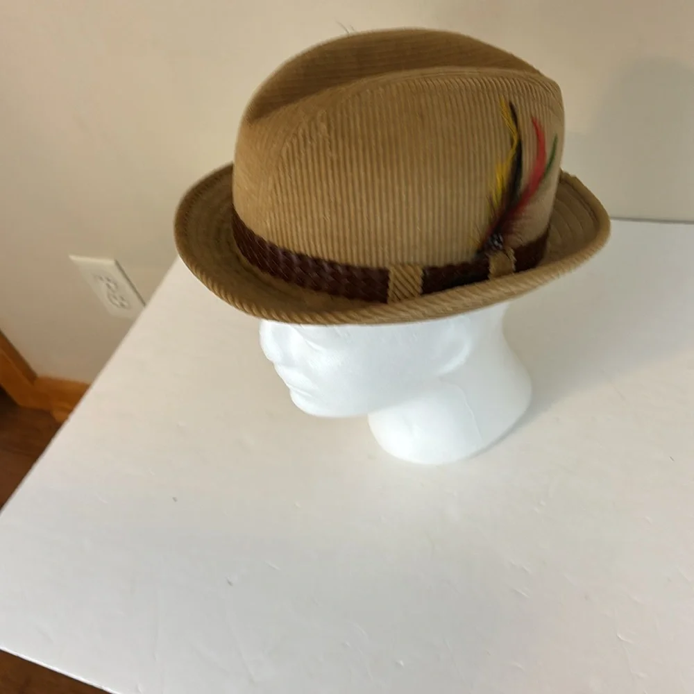 Vintage Tan Corduroy London Fog Feathered Fedora Size 7